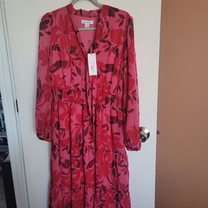 Velvet by Graham & Spencer Red and Pink Floral Long-Sleeve Tiered Maxi Dress